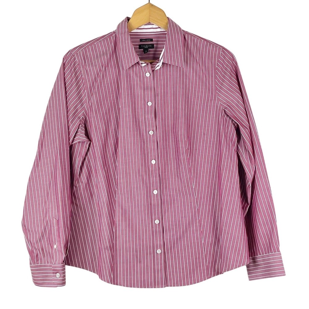 Talbots Petites Women's Red White Stripe Button Down Shirt Size 12P Office EUC